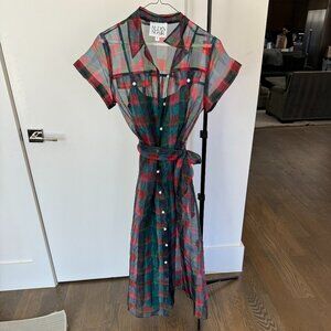 Alden Adair Sheer Plaid Button Front Midi Dress | Belted | Size S